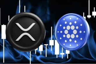 XRP coins on purple digital background with price prediction text