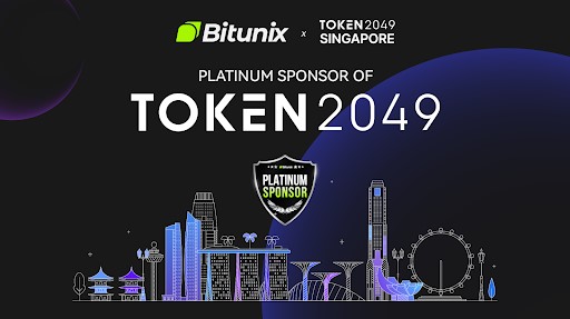 Silueta de ciudad en fondo negro, azul y púrpura con logo de Bitunix y de Token2049 Singapore