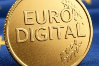 Moneda dorada con la inscripción Euro Digital.