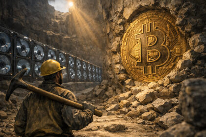 Bitcoin miner facing a massive BTC embedded in rock beside mining rigs, symbolizing 20 million coins mined, growing scarcity, and emerging network security concerns