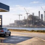 Car fueling at a gas station with a large refinery under construction across the water in Brownsville, highlighting questions over how quickly the project can lower gas prices