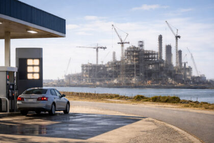 Car fueling at a gas station with a large refinery under construction across the water in Brownsville, highlighting questions over how quickly the project can lower gas prices