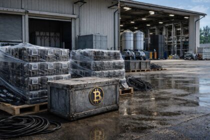 Bitcoin mining equipment stacked outside an industrial facility as operators pivot to AI, selling BTC and taking on debt to maintain liquidity
