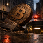Cracked Bitcoin monument collapsing into a city street near a subway entrance under red emergency lights, illustrating fears of a sharp weekend price drop toward $61,000