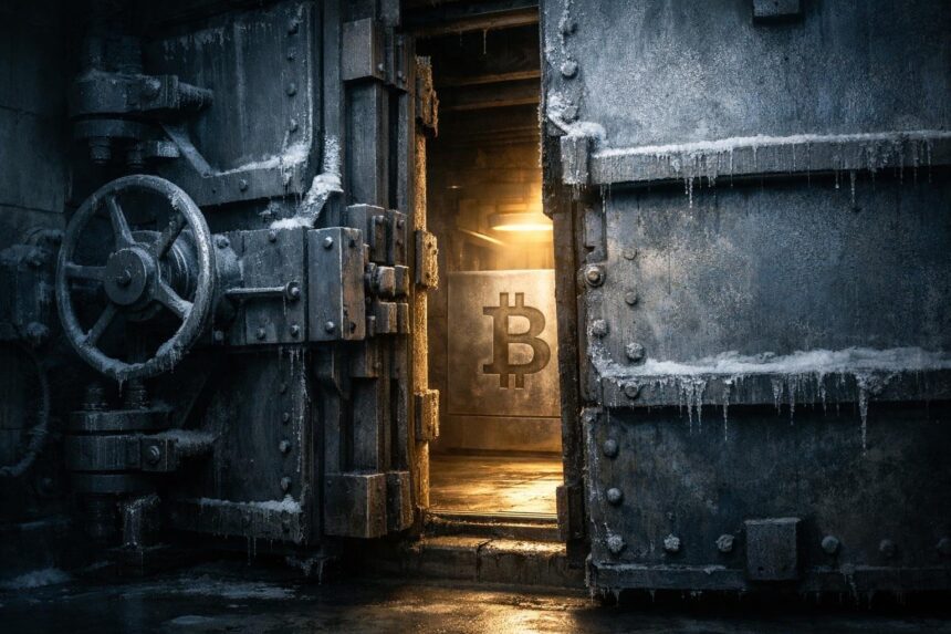 Frozen vault door opening to reveal a glowing Bitcoin, symbolizing regulatory clarity unlocking access and impacting Bitcoin holdings