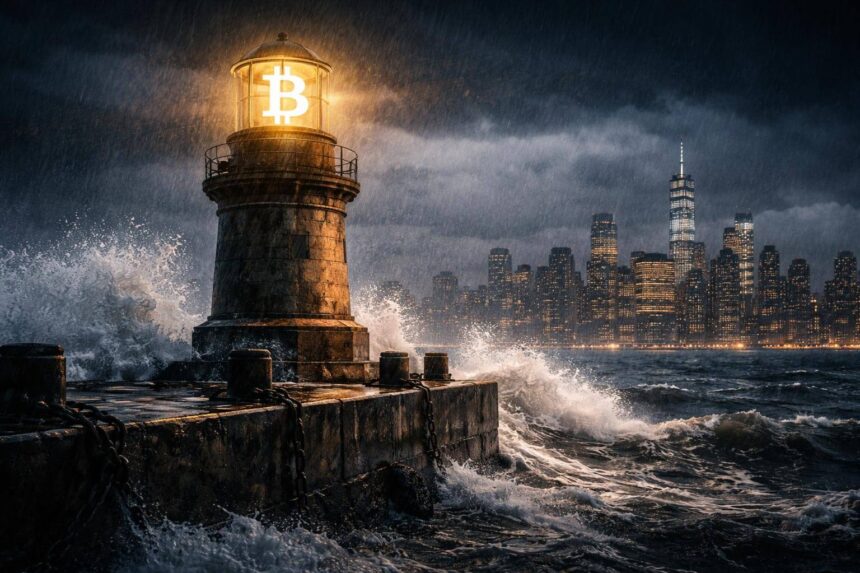 Bitcoin lighthouse in a stormy sea facing a city skyline, symbolizing renewed Fed rate hike bets testing Bitcoin’s macro outlook