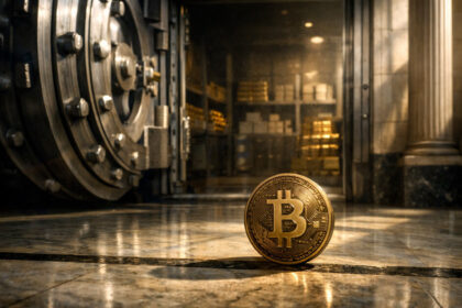 Bitcoin coin standing on the floor of a bank vault with a massive open safe door and gold reserves behind it, symbolizing the Federal Reserve’s decision on whether Bitcoin remains outside the traditional banking system