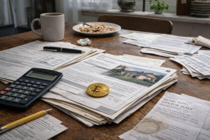 Bitcoin placed on home loan documents and bills illustrates using BTC as collateral to address the US housing crisis