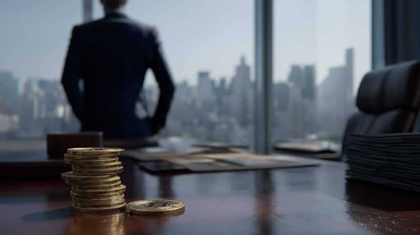 Stacked Bitcoin coins on a desk in a corporate office, reflecting Strategy’s $64B Bitcoin buying plan funded by high-yield financing and its potential impact on BTC price