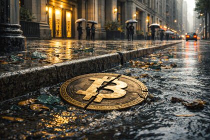 Cracked Bitcoin coin in a rain-soaked curbside gutter outside a financial district building as Wall Street continues on unfazed