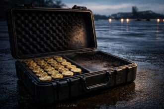 Open case filled with gold Bitcoin coins on wet pavement at dusk, symbolizing the White House claim that the Iran war consumed value equal to half of the US Bitcoin reserve in six days