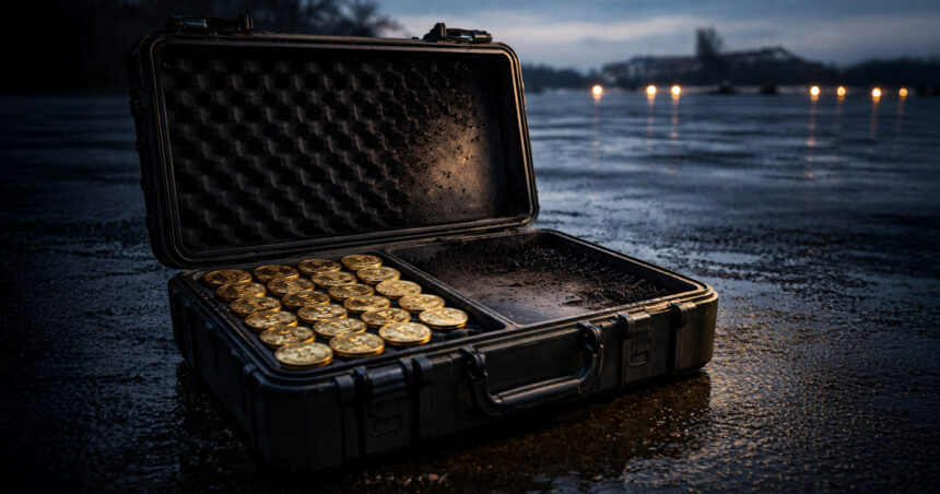 Open case filled with gold Bitcoin coins on wet pavement at dusk, symbolizing the White House claim that the Iran war consumed value equal to half of the US Bitcoin reserve in six days