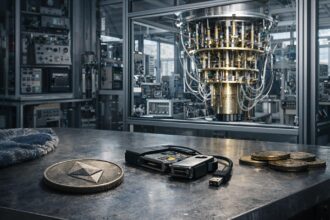 Ethereum hardware wallet and coins in a lab setting, symbolizing the migration battle over wallets, bridges and dormant assets amid quantum risks