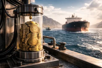 Congressional hearing room with U.S. documents and a dollar coin in the foreground as a woman pays by phone, symbolizing stablecoins becoming easier to use while Bitcoin still awaits regulatory clarity
