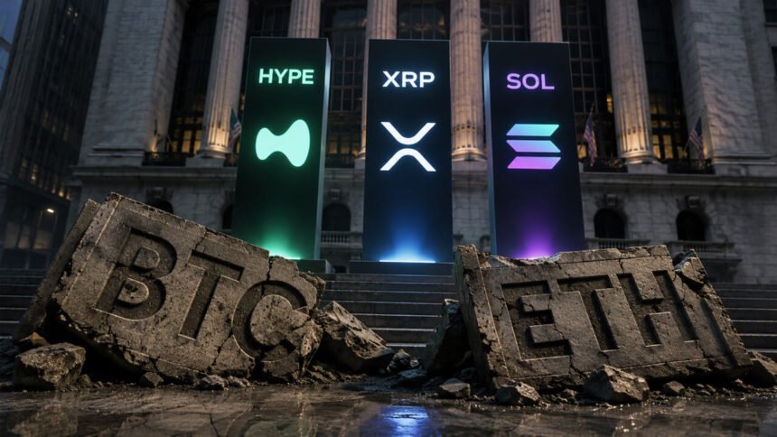 Broken Bitcoin and Ethereum ETF monuments beneath glowing HYPE, XRP, and Solana symbols illustrating investor rotation away from BTC and ETH funds into alternative crypto assets