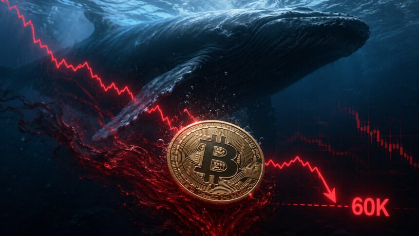 Bitcoin whale and falling price chart looming over BTC as bearish market signal points toward a potential drop to $60,000