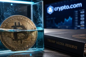 Bitcoin partially submerged in water beside a Trump Media reserve binder and Crypto.com display, symbolizing mounting pressure on the company’s underwater BTC holdings