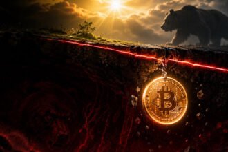 Bitcoin falling below the 200-week moving average bear market support line illustration